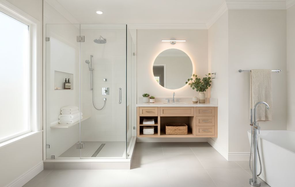 Bathroom Remodeling Lakewood CA modern bathroom features a glass-enclosed shower, a vanity with a circular backlit mirror, and a freestanding bathtub, designed for a clean, elegant, and functional space.